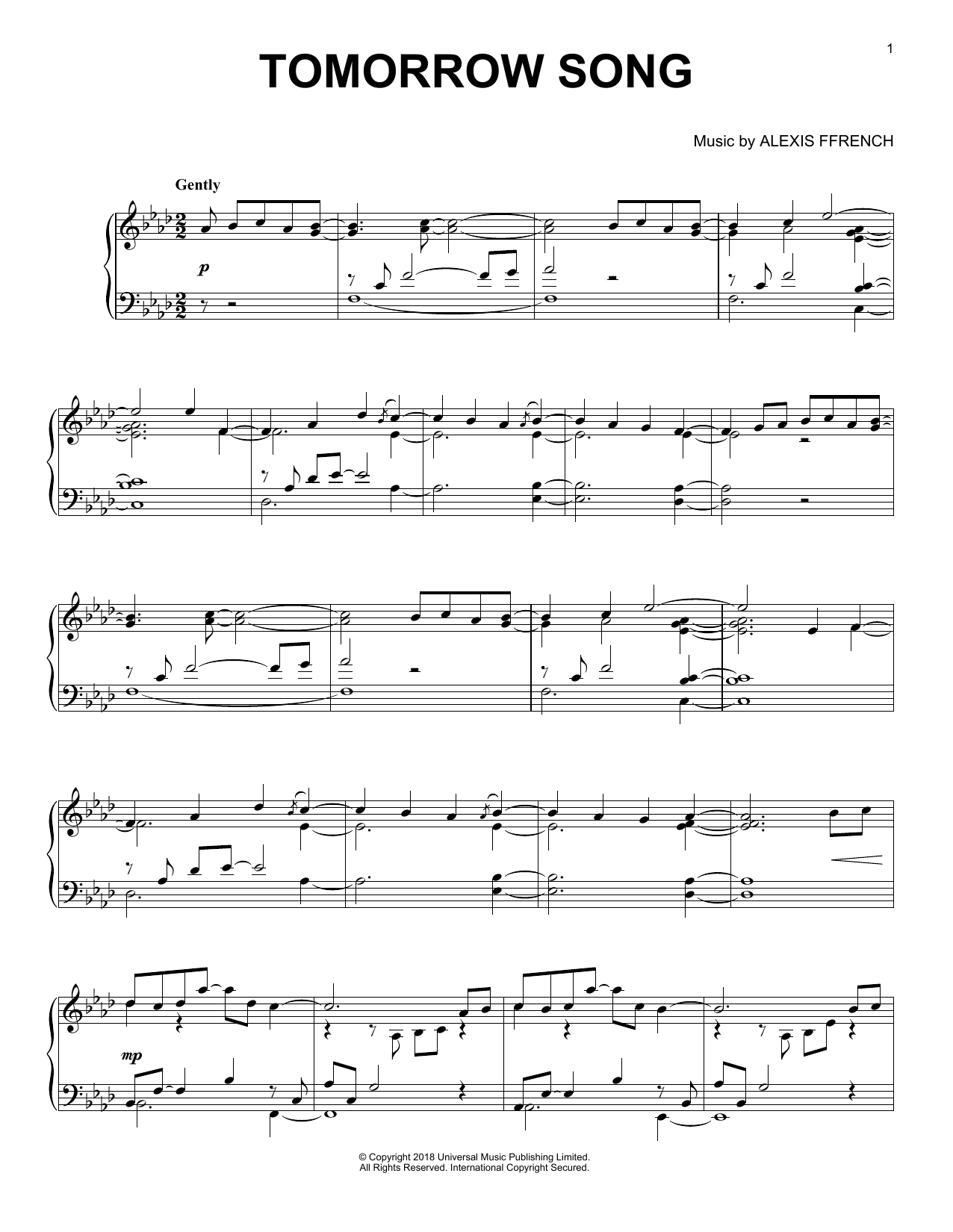 Alexis Ffrench Tomorrow Song Sheet Music Notes & Chords for Piano Solo - Download or Print PDF