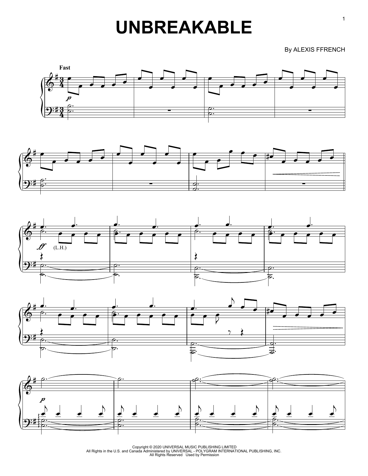 Alexis Ffrench Unbreakable Sheet Music Notes & Chords for Piano Solo - Download or Print PDF