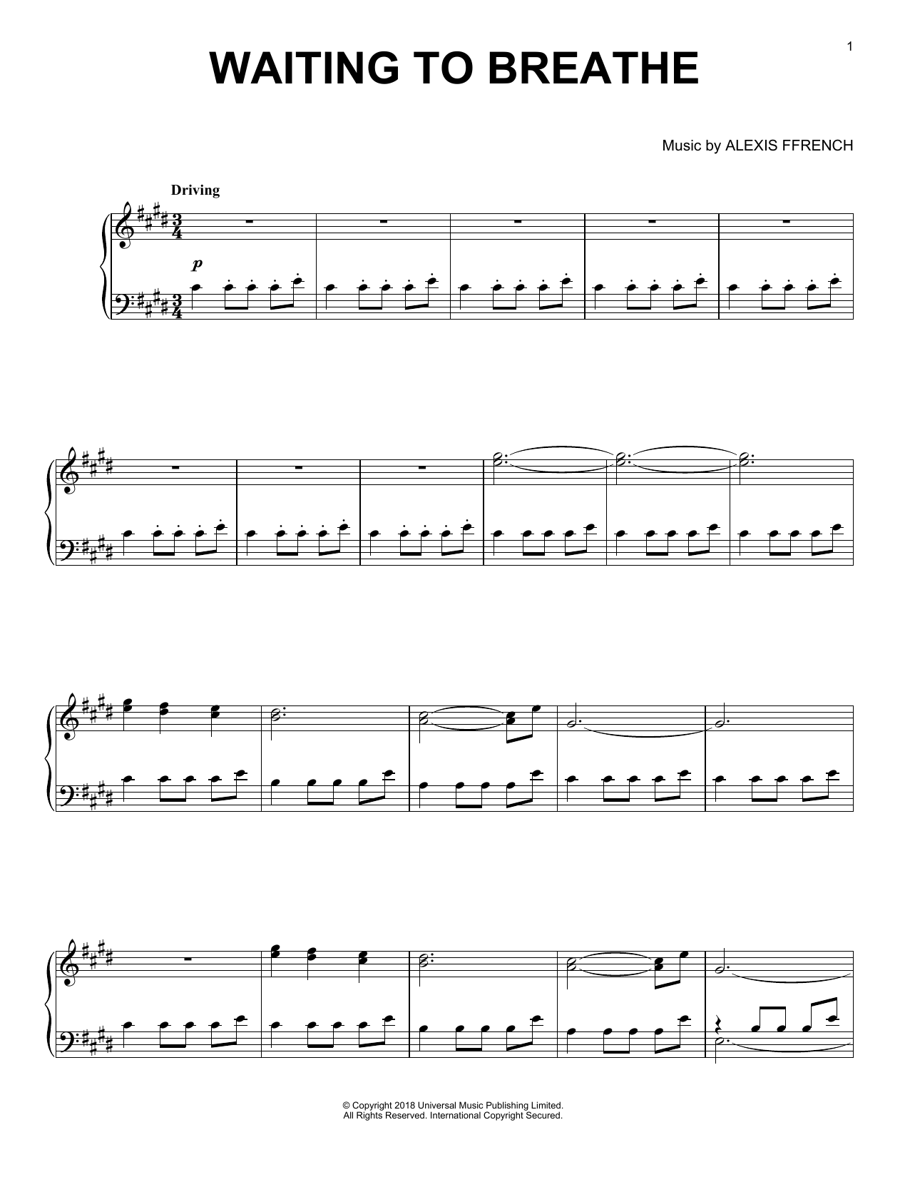 Alexis Ffrench Waiting To Breathe Sheet Music Notes & Chords for Piano Solo - Download or Print PDF