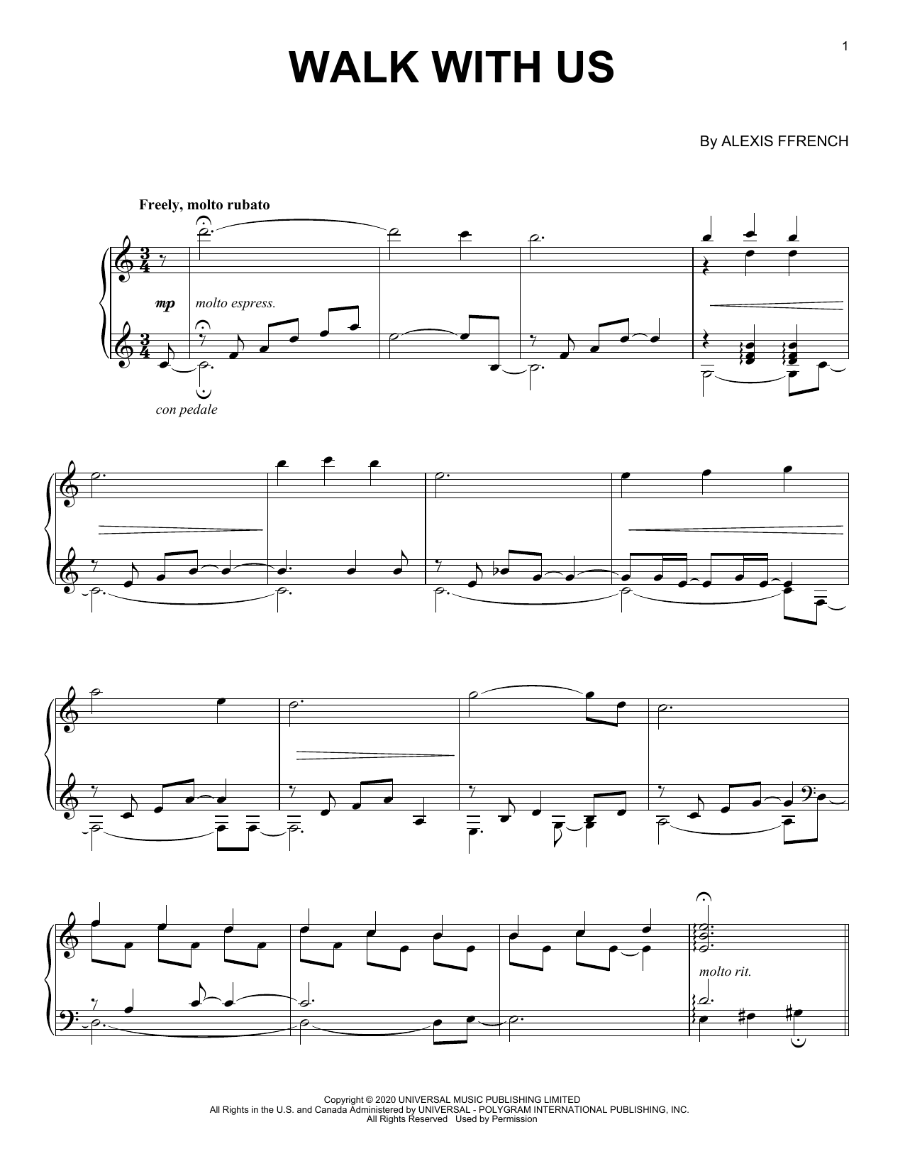 Alexis Ffrench Walk With Us Sheet Music Notes & Chords for Piano Solo - Download or Print PDF