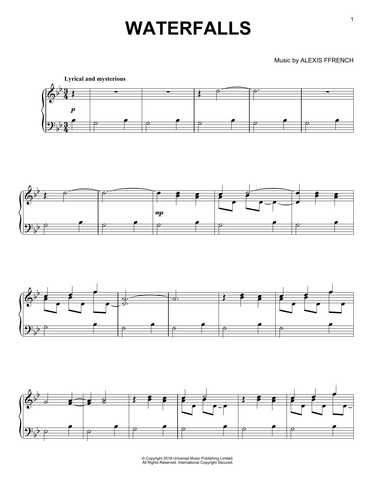 Alexis Ffrench Waterfalls Sheet Music Notes & Chords for Piano Solo - Download or Print PDF