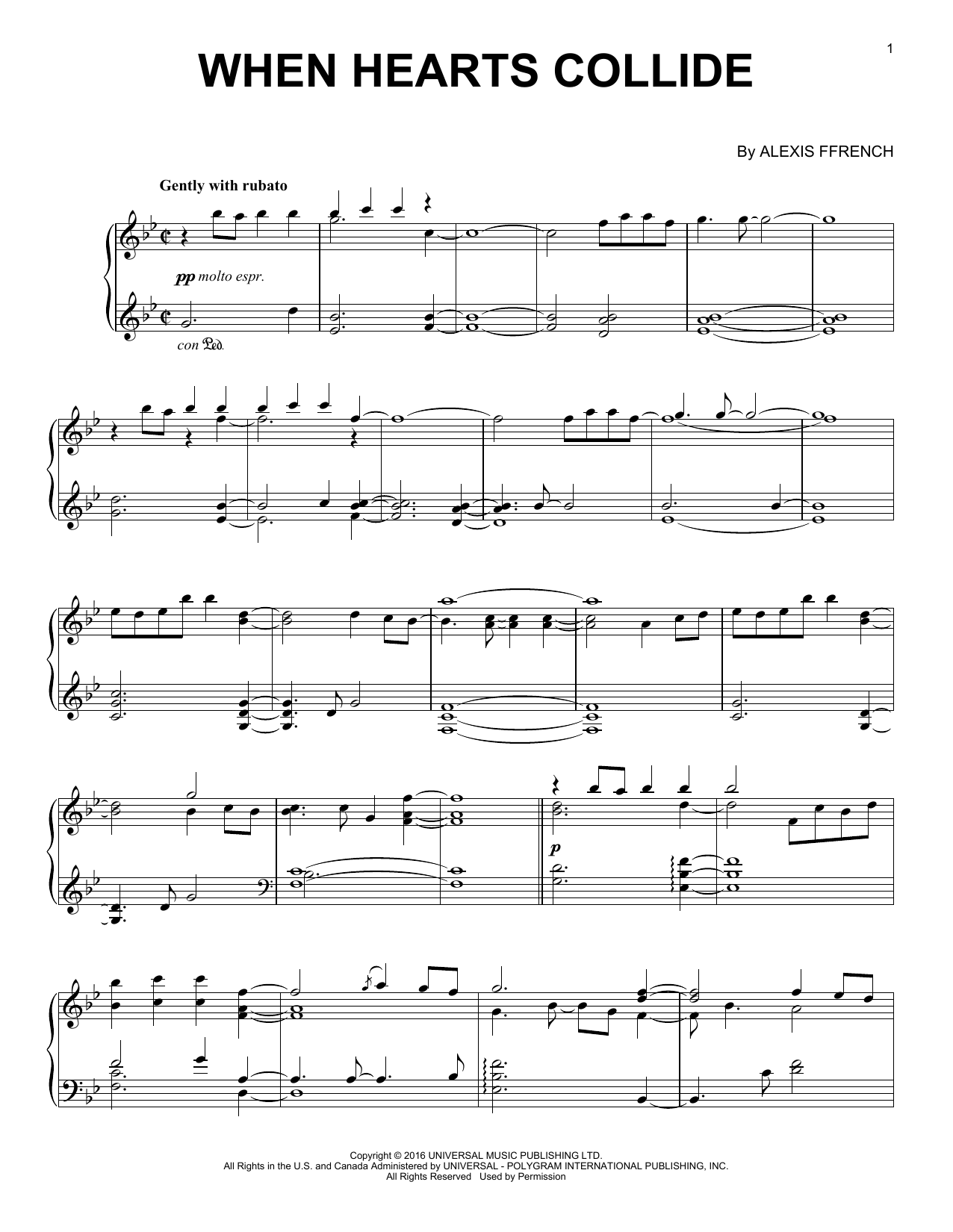 Alexis Ffrench When Hearts Collide Sheet Music Notes & Chords for Piano Solo - Download or Print PDF