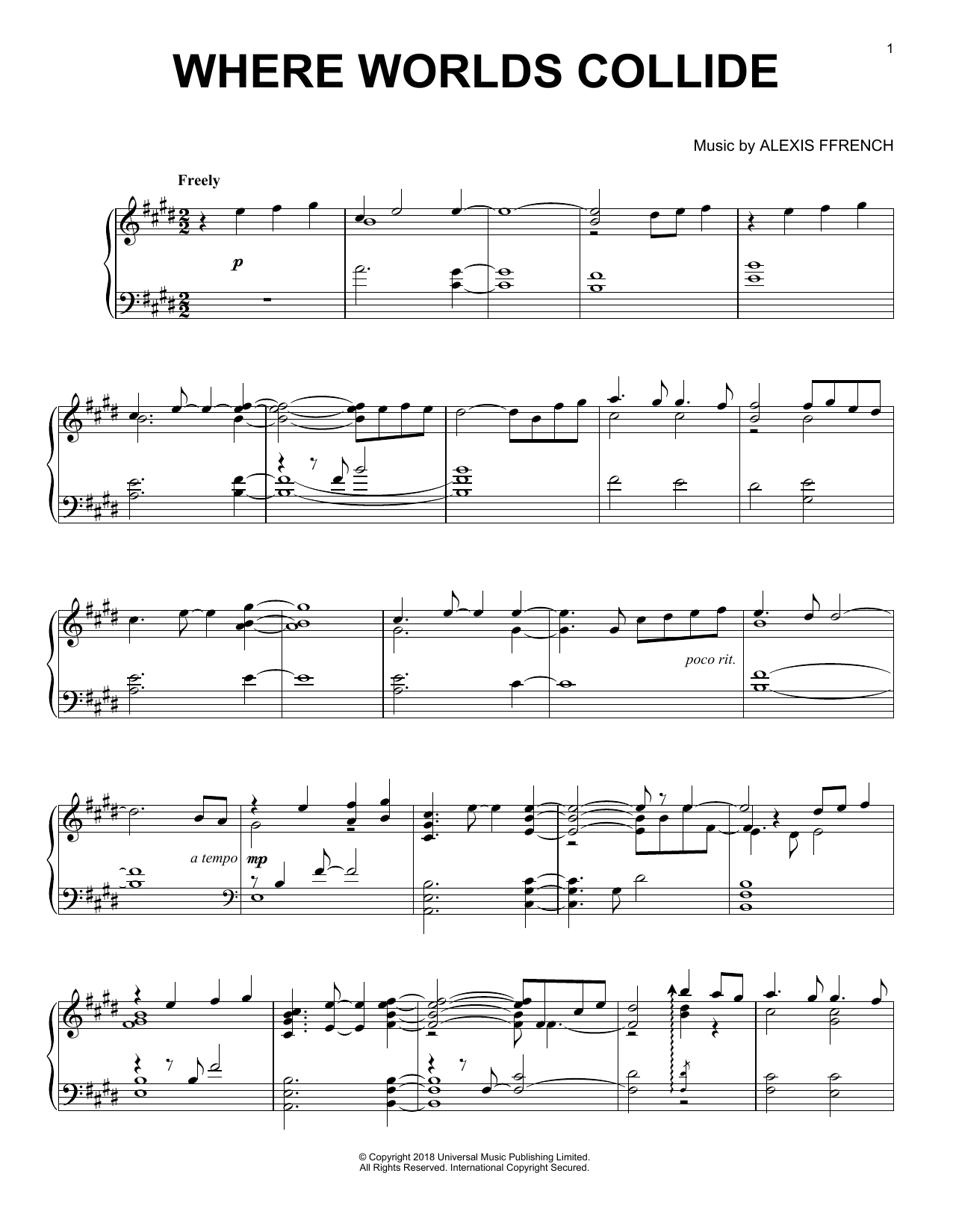 Alexis Ffrench Where Worlds Collide Sheet Music Notes & Chords for Piano Solo - Download or Print PDF