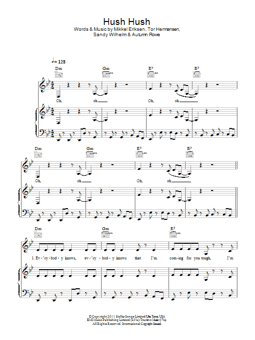 Alexis Jordan Hush Hush Sheet Music Notes & Chords for Piano, Vocal & Guitar (Right-Hand Melody) - Download or Print PDF