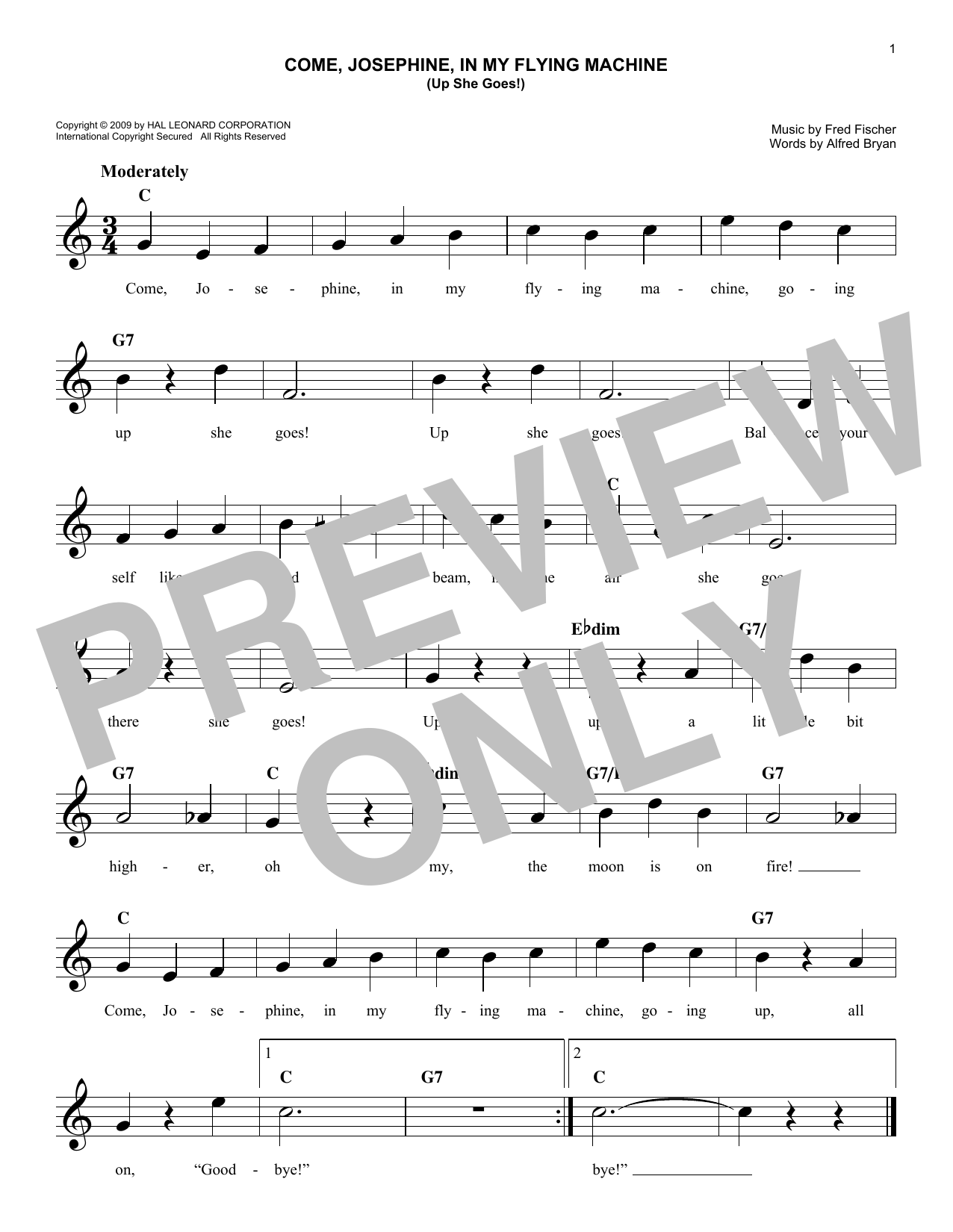 Alfred Bryan Come, Josephine In My Flying Machine (Up She Goes!) Sheet Music Notes & Chords for Melody Line, Lyrics & Chords - Download or Print PDF