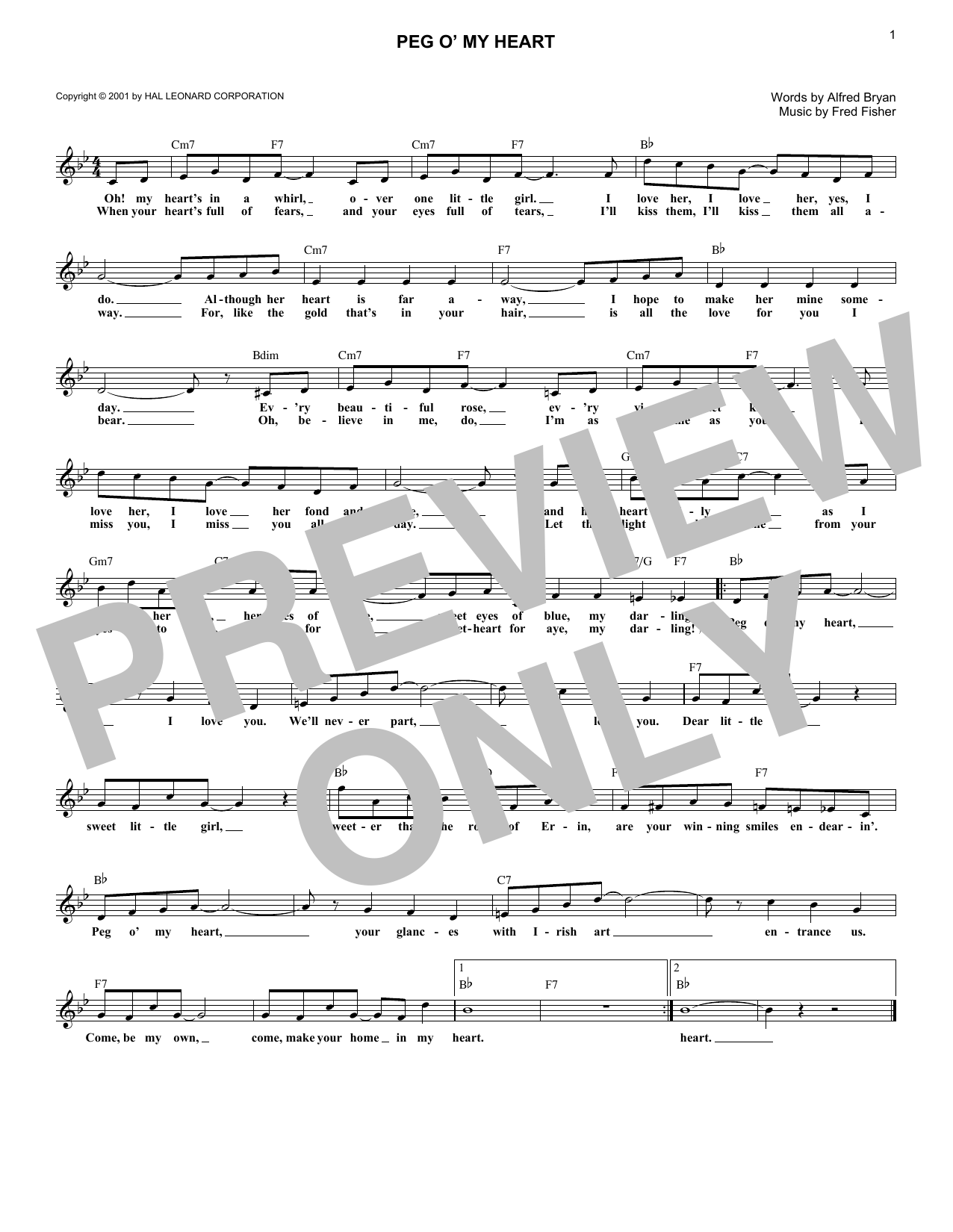 Alfred Bryan Peg O' My Heart Sheet Music Notes & Chords for Melody Line, Lyrics & Chords - Download or Print PDF