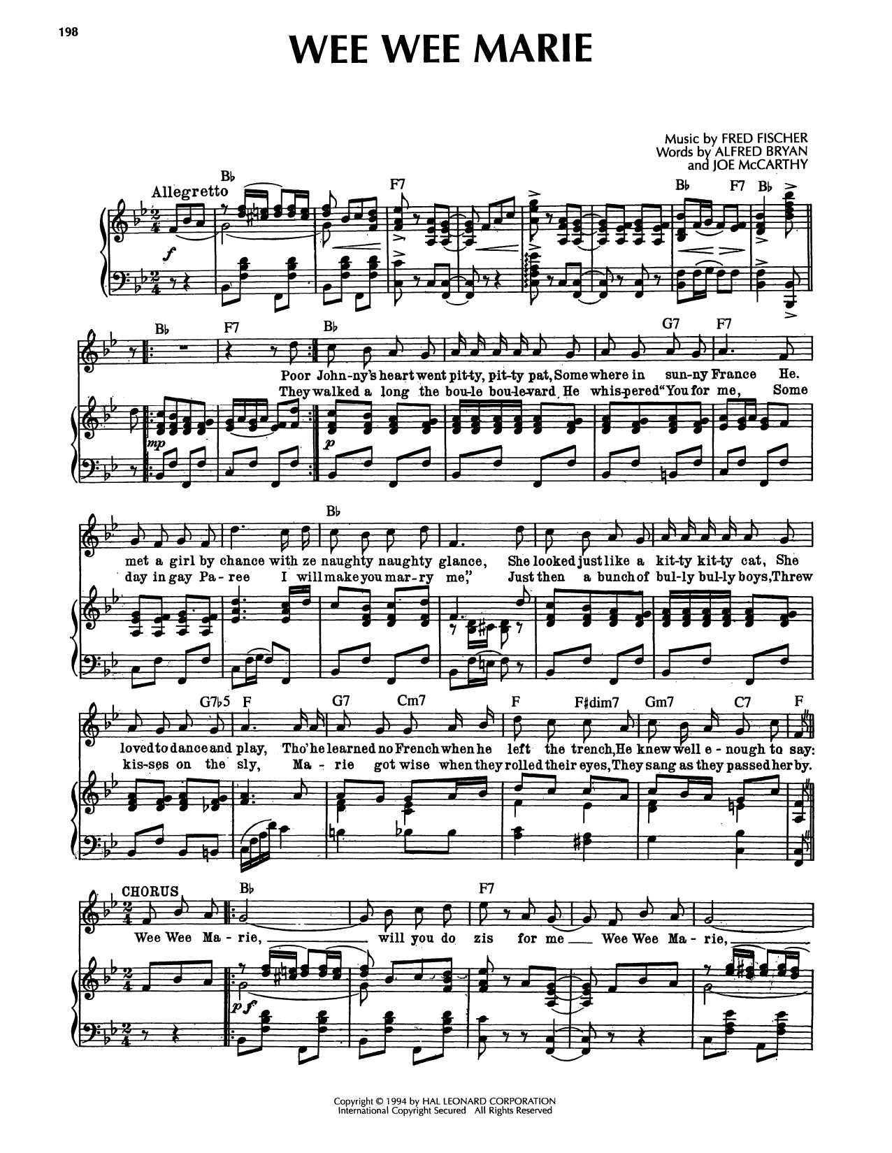 Alfred Bryan Wee Wee Marie Sheet Music Notes & Chords for Piano, Vocal & Guitar Chords (Right-Hand Melody) - Download or Print PDF