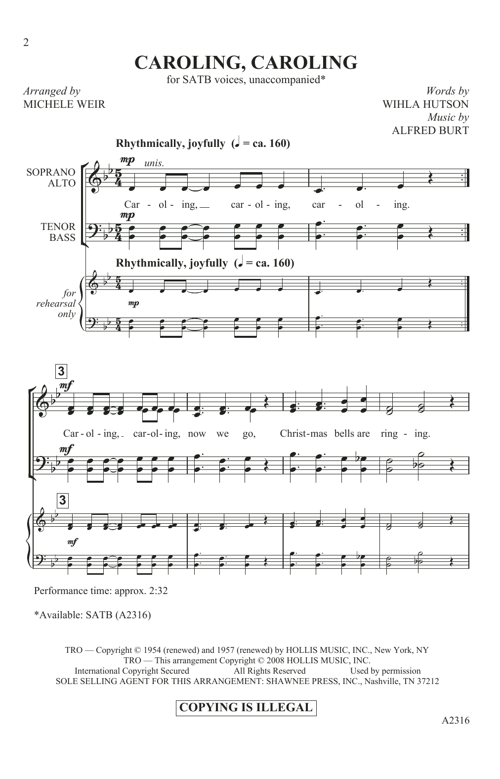 Alfred Burt & Wihla Hutson Caroling, Caroling (arr. Michele Weir) Sheet Music Notes & Chords for SATB Choir - Download or Print PDF