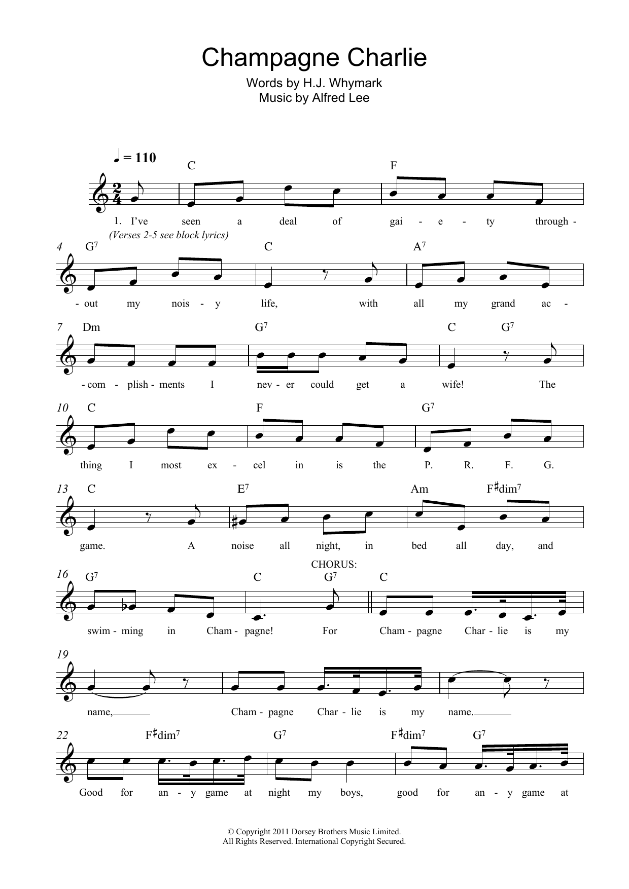 Alfred Lee Champagne Charlie Sheet Music Notes & Chords for Melody Line, Lyrics & Chords - Download or Print PDF
