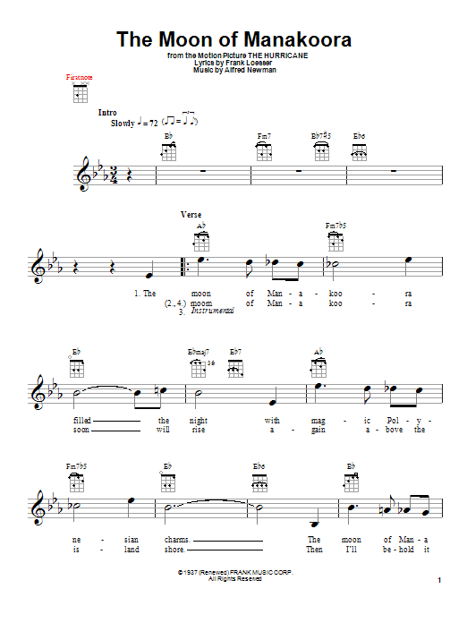 Alfred Newman The Moon Of Manakoora Sheet Music Notes & Chords for Ukulele - Download or Print PDF