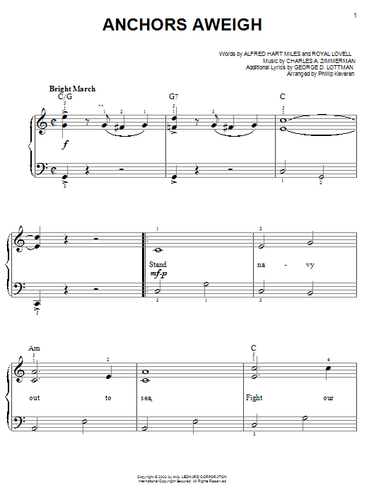 Preview Alfred Hart Miles Anchors Aweigh Religious sheet music, notes and chords for Easy Piano, SKU: 50073 Anchors Aweigh sheet music