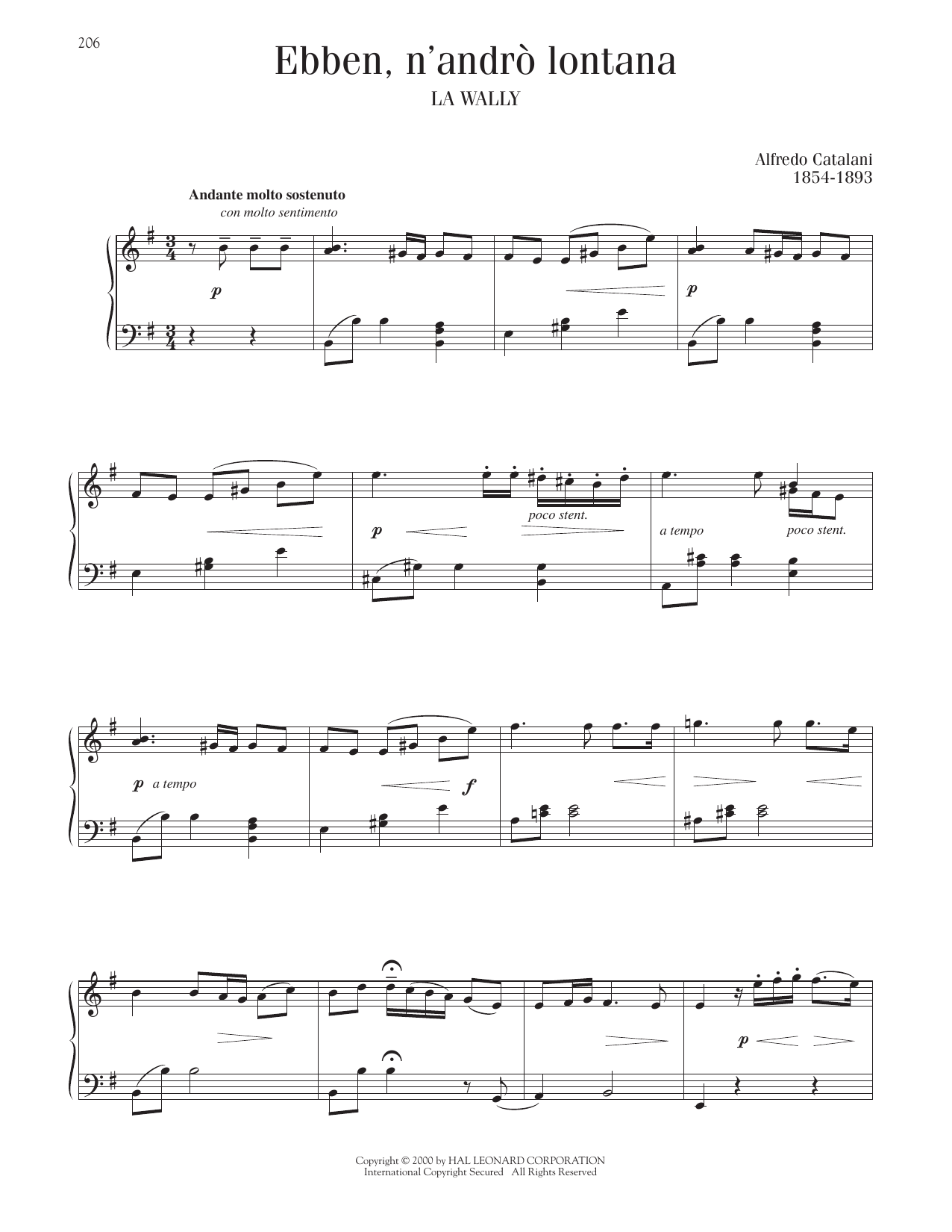 Alfredo Catalani Ebben? Ne Andro Lontana Sheet Music Notes & Chords for Piano Solo - Download or Print PDF