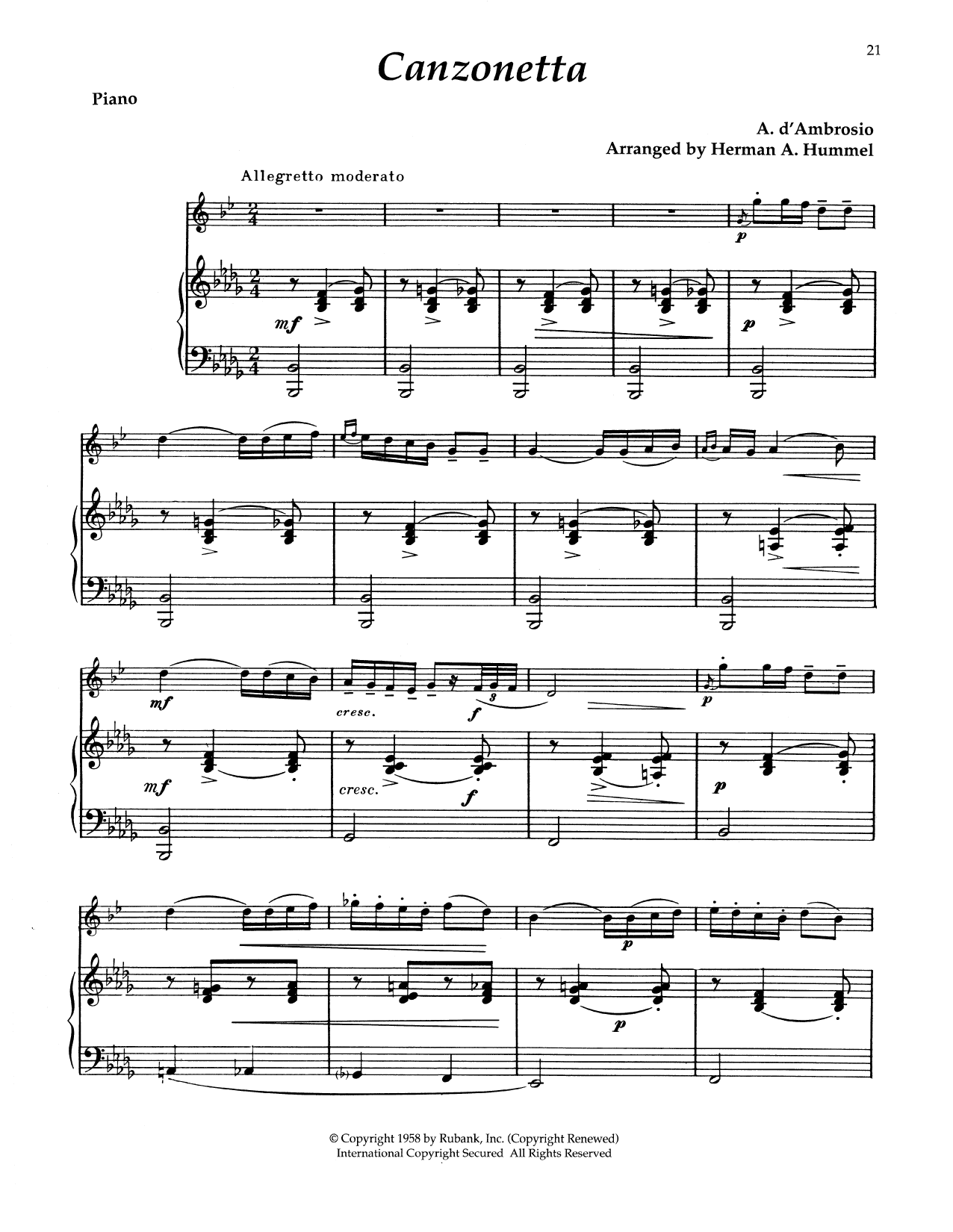 Alfredo d'Ambrosio Canzonetta No. 1, Op. 6 Sheet Music Notes & Chords for Alto Sax and Piano - Download or Print PDF