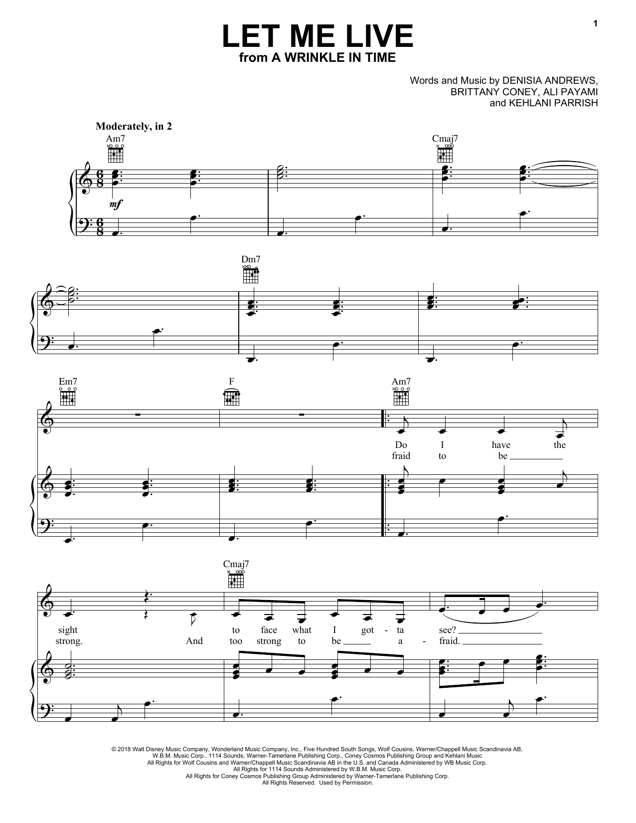 Ali Payami Let Me Live (from A Wrinkle In Time) Sheet Music Notes & Chords for Easy Piano - Download or Print PDF