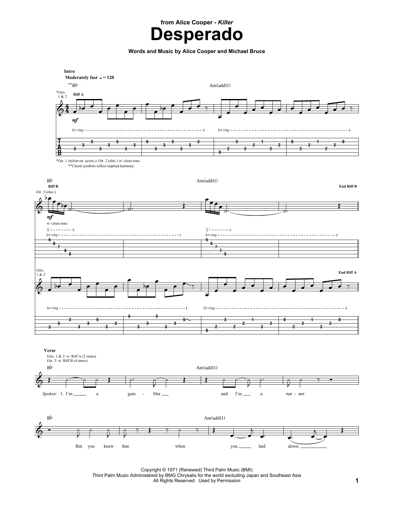Alice Cooper Desperado Sheet Music Notes & Chords for Guitar Tab - Download or Print PDF