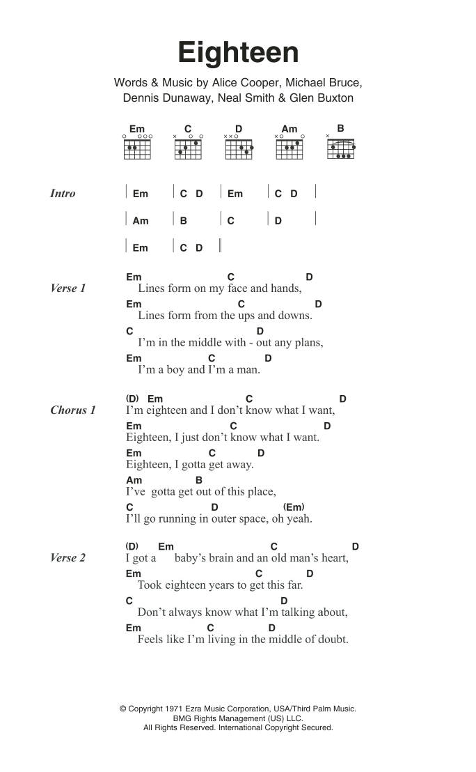 Alice Cooper Eighteen Sheet Music Notes & Chords for Lyrics & Chords - Download or Print PDF