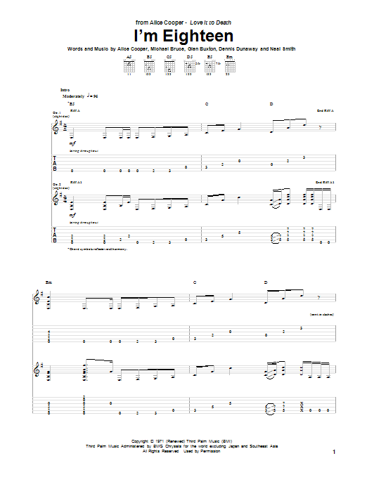 Alice Cooper I'm Eighteen Sheet Music Notes & Chords for Guitar Tab - Download or Print PDF