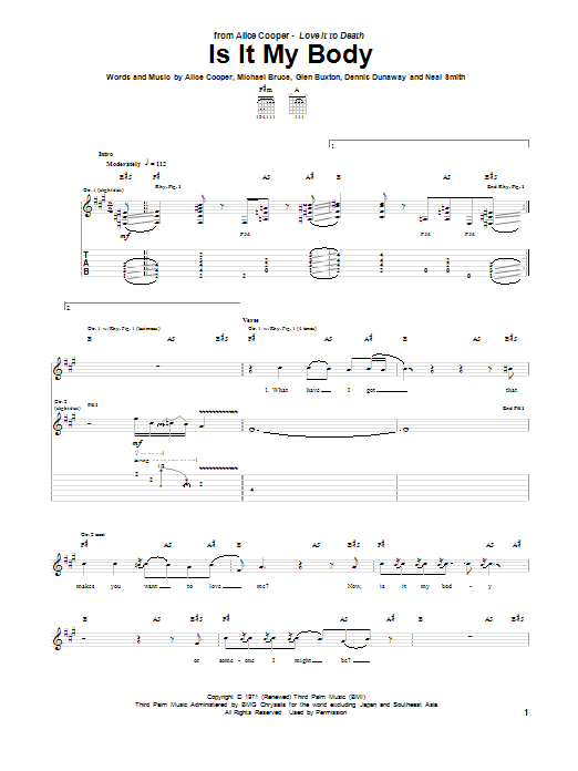 Alice Cooper Is It My Body Sheet Music Notes & Chords for Guitar Tab - Download or Print PDF