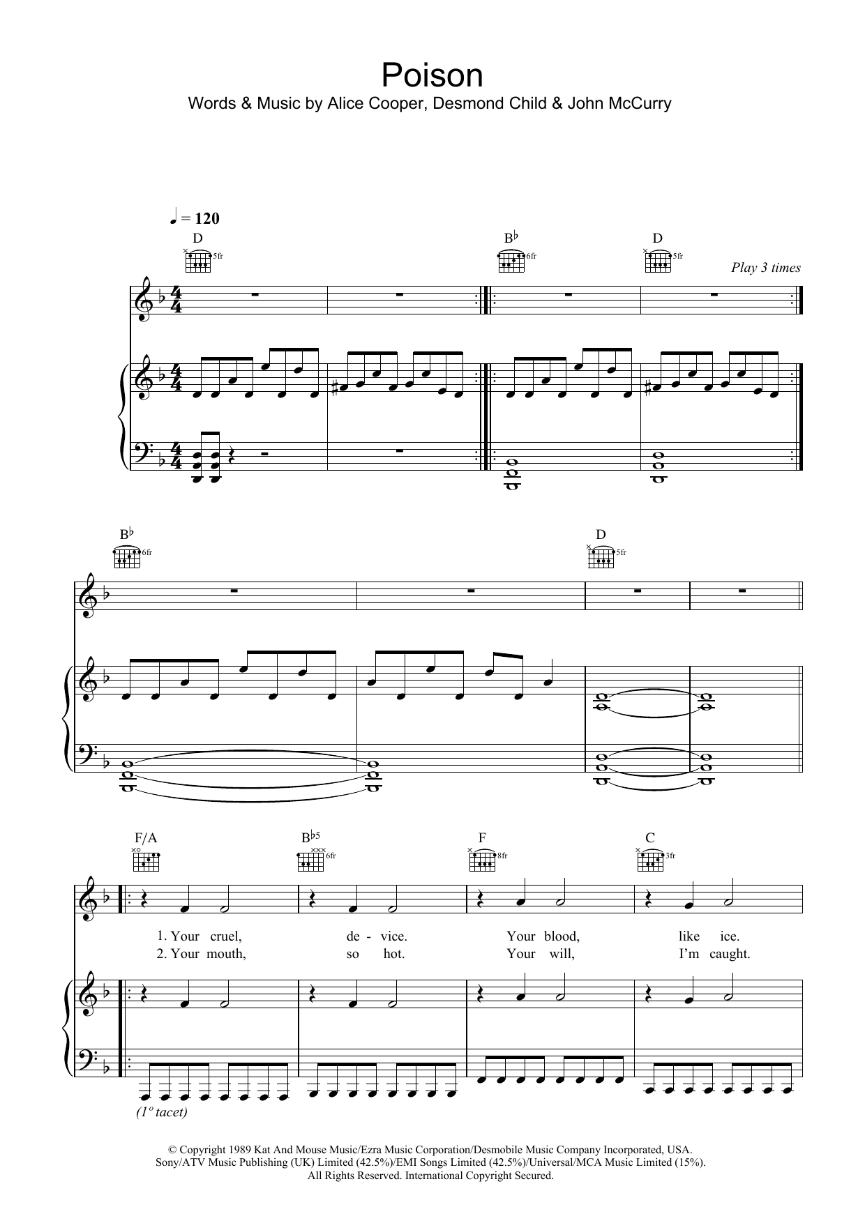 Alice Cooper Poison Sheet Music Notes & Chords for Piano, Vocal & Guitar (Right-Hand Melody) - Download or Print PDF