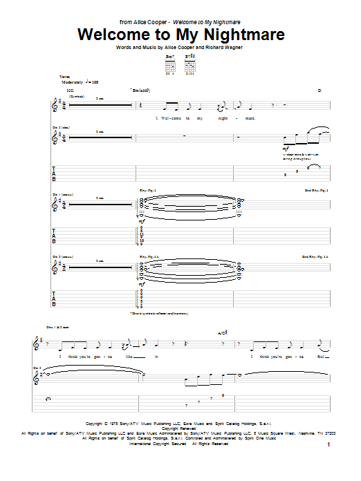 Alice Cooper Welcome To My Nightmare Sheet Music Notes & Chords for Guitar Tab - Download or Print PDF