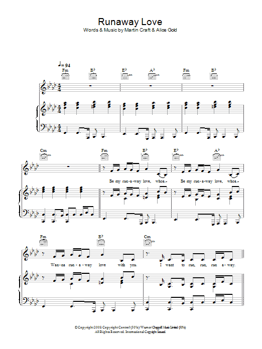 Alice Gold Runaway Love Sheet Music Notes & Chords for Piano, Vocal & Guitar (Right-Hand Melody) - Download or Print PDF