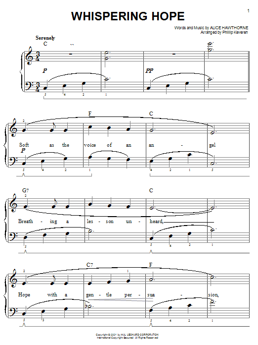 Alice Hawthorne Whispering Hope Sheet Music Notes & Chords for Easy Piano - Download or Print PDF