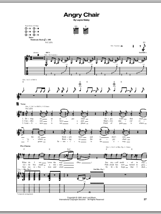 Alice In Chains Angry Chair Sheet Music Notes & Chords for Guitar Tab - Download or Print PDF