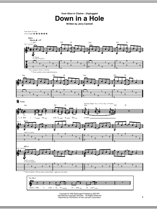 Alice In Chains Down In A Hole Sheet Music Notes & Chords for Guitar Tab - Download or Print PDF