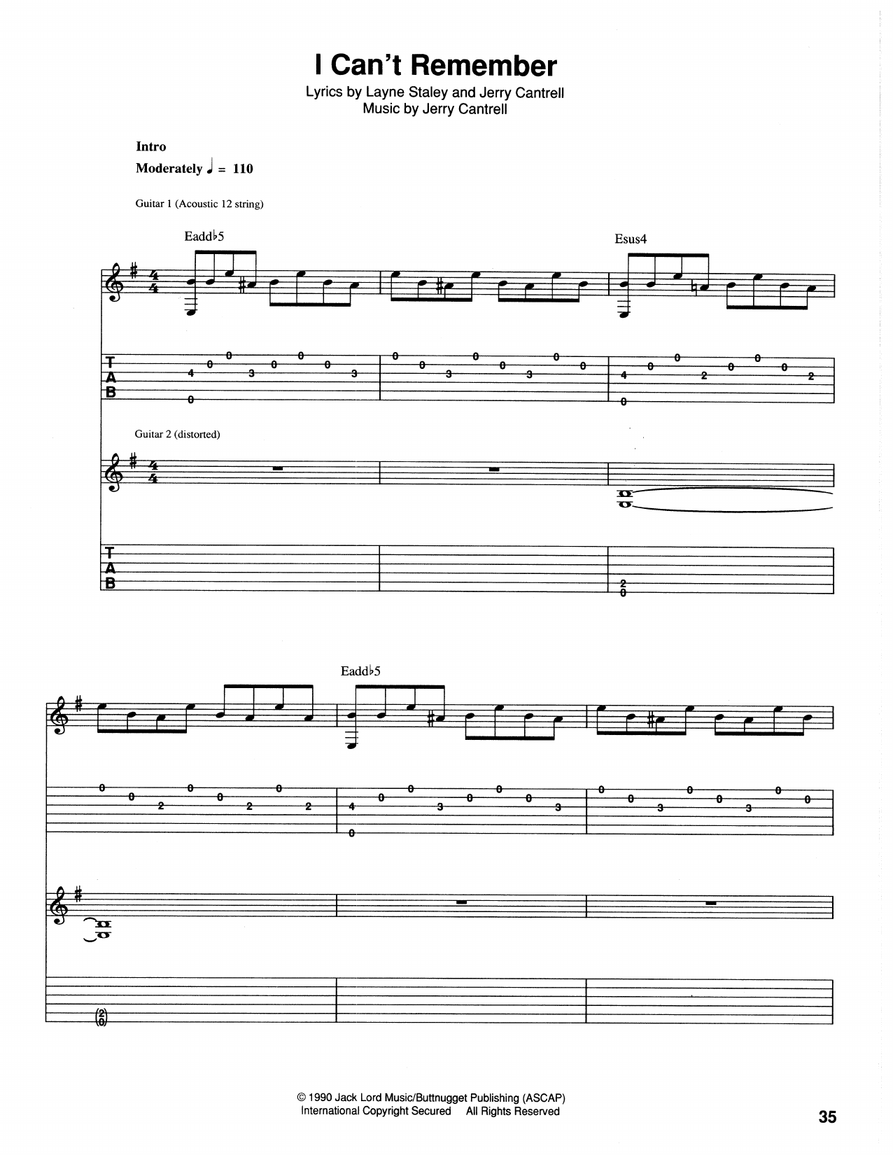 Alice In Chains I Can't Remember Sheet Music Notes & Chords for Guitar Tab - Download or Print PDF