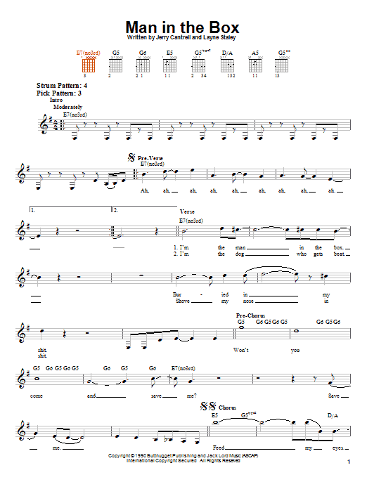 Alice In Chains Man In The Box Sheet Music Notes & Chords for Easy Guitar Tab - Download or Print PDF