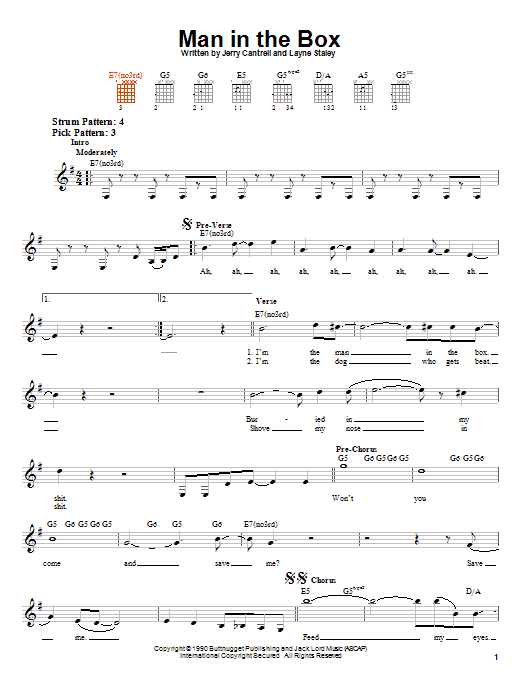 Alice In Chains Man In The Box sheet music notes and chords. Download Printable PDF.