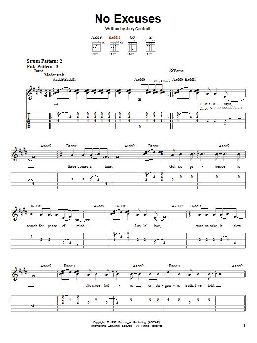 Alice In Chains No Excuses Sheet Music Notes & Chords for Easy Guitar Tab - Download or Print PDF