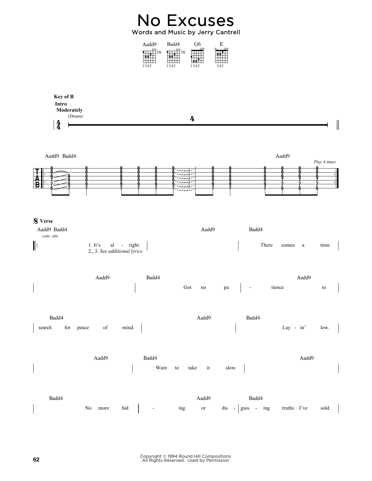 Alice In Chains No Excuses Sheet Music Notes & Chords for Guitar Tab Play-Along - Download or Print PDF