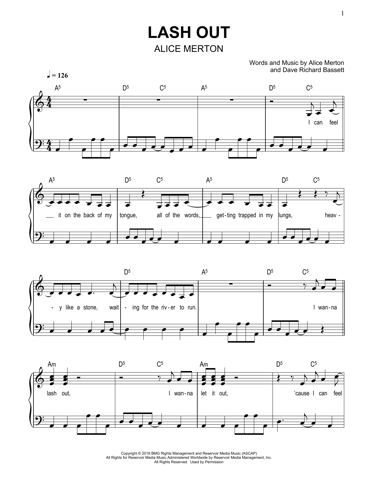 Alice Merton Lash Out Sheet Music Notes & Chords for Easy Piano - Download or Print PDF