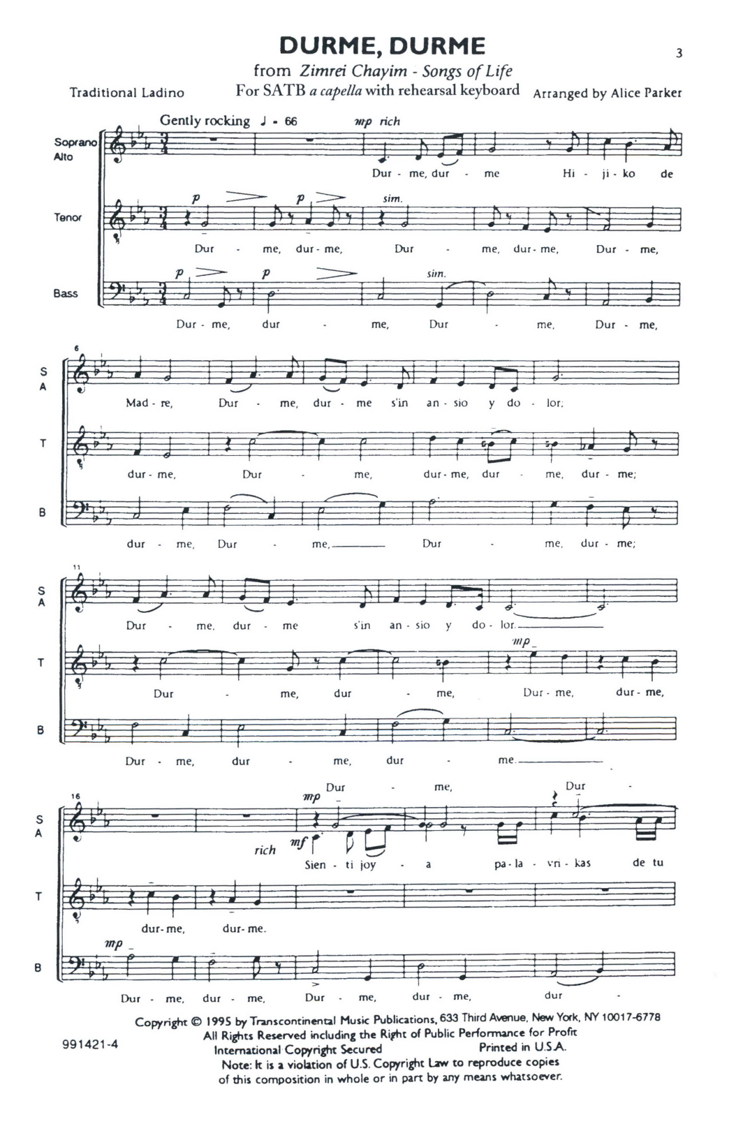 Alice Parker Durme, Durme (Sleep, Sleep) Sheet Music Notes & Chords for SSA Choir - Download or Print PDF