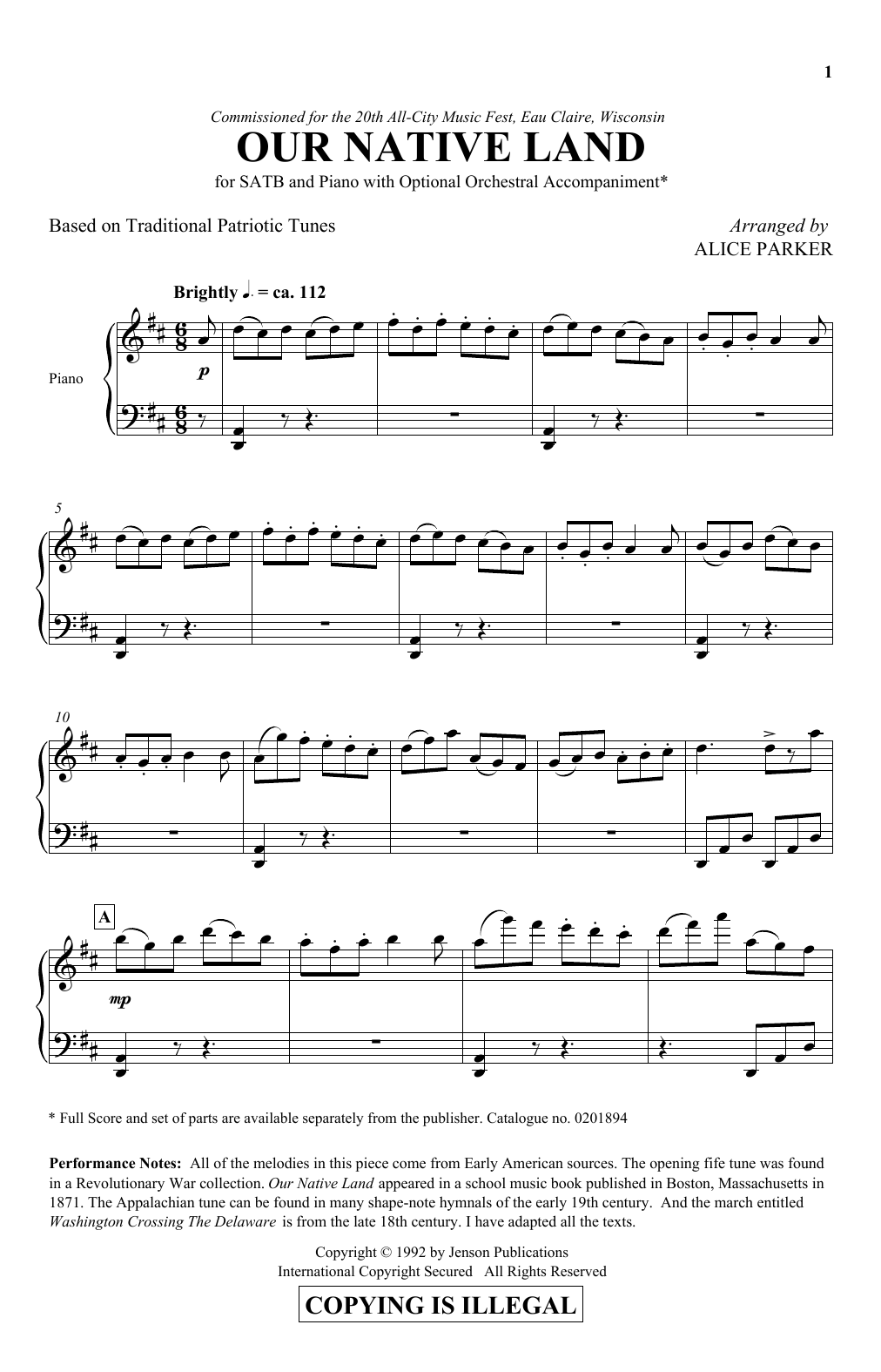 Alice Parker Our Native Land Sheet Music Notes & Chords for SATB - Download or Print PDF