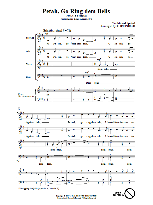 Traditional Spiritual Petah, Go Ring Dem Bells (arr. Alice Parker) Sheet Music Notes & Chords for SATB - Download or Print PDF