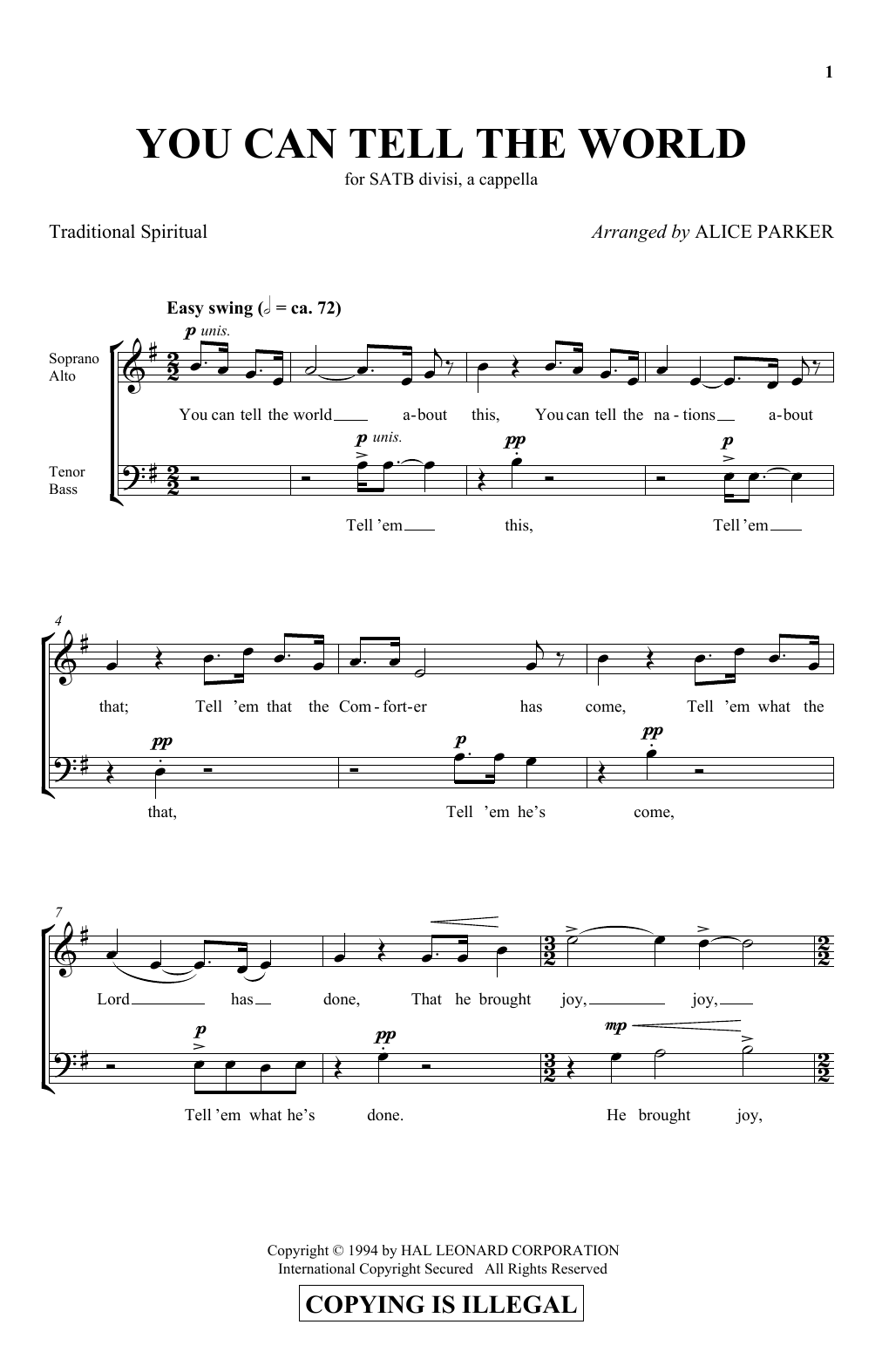 Alice Parker You Can Tell The World Sheet Music Notes & Chords for SATB - Download or Print PDF