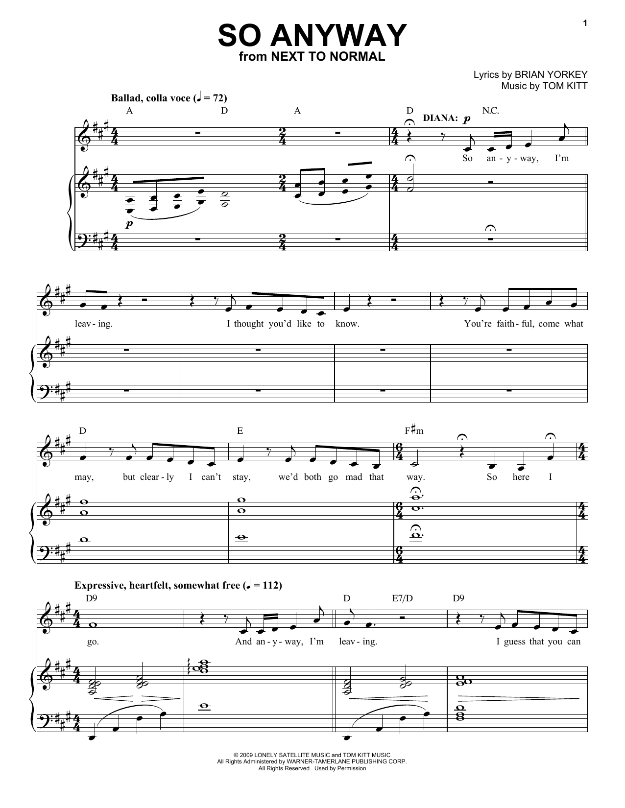 Alice Ripley So Anyway (from Next to Normal) Sheet Music Notes & Chords for Piano & Vocal - Download or Print PDF