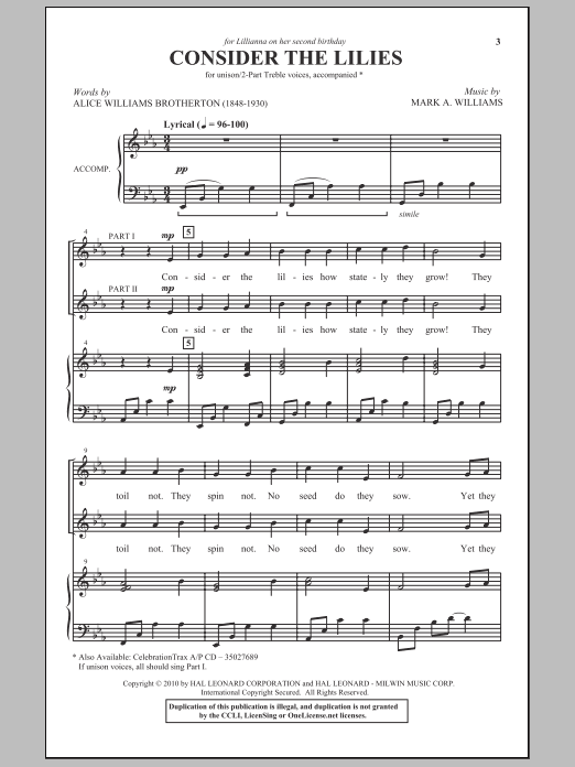 Alice Williams Brotherton Consider The Lilies Sheet Music Notes & Chords for 2-Part Choir - Download or Print PDF