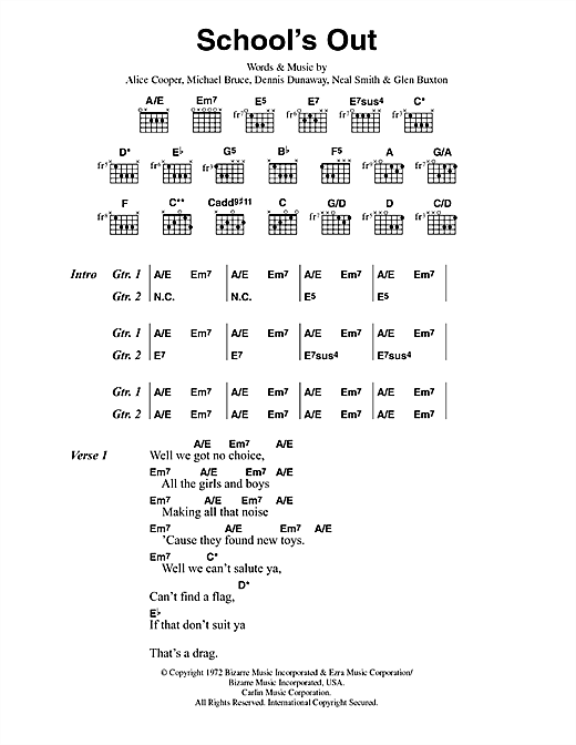 Preview Alice Cooper School's Out Rock sheet music, notes and chords for Guitar Tab, SKU: 87523 sheet music, piano notes, chords, guitar tabs, score, transpose, transcribe, how to play, guide, download, learn, tutorial, progression, song, artist, awards, billboard, mtv, vh1, tour, single, album, release