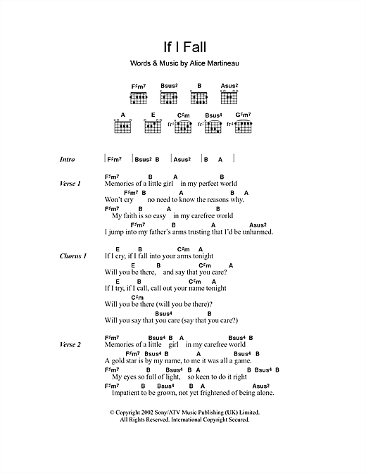 Preview Alice Martineau If I Fall Pop sheet music, notes and chords for Piano, Vocal & Guitar, SKU: 23077 sheet music, piano notes, chords, guitar tabs, score, transpose, transcribe, how to play, guide, download, learn, tutorial, progression, song, artist, awards, billboard, mtv, vh1, tour, single, album, release