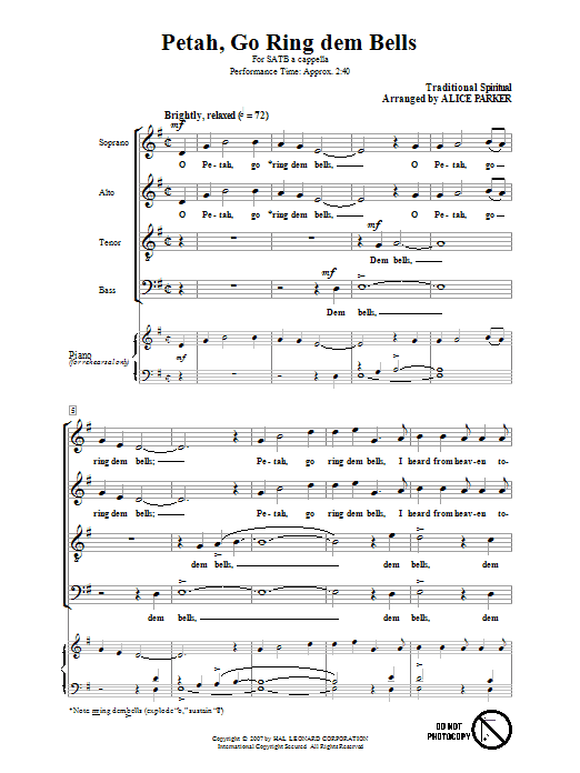 Preview Traditional Spiritual Petah, Go Ring Dem Bells (arr. Alice Parker) Concert sheet music, notes and chords for SATB, SKU: 58449 Petah, Go Ring Dem Bells (arr. Alice Parker) sheet music