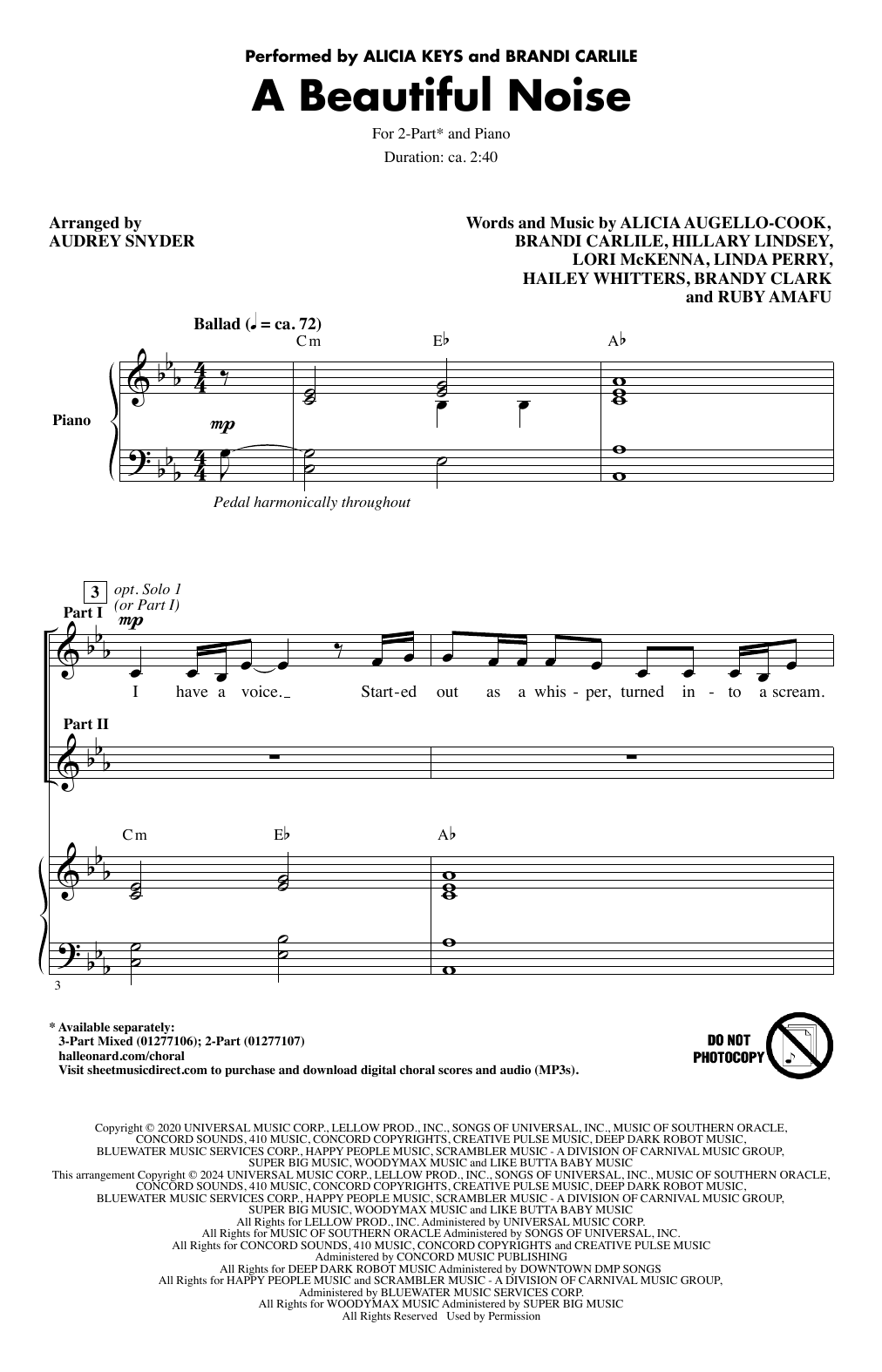 Alicia Keys & Brandi Carlile A Beautiful Noise (arr. Audrey Snyder) Sheet Music Notes & Chords for 3-Part Mixed Choir - Download or Print PDF