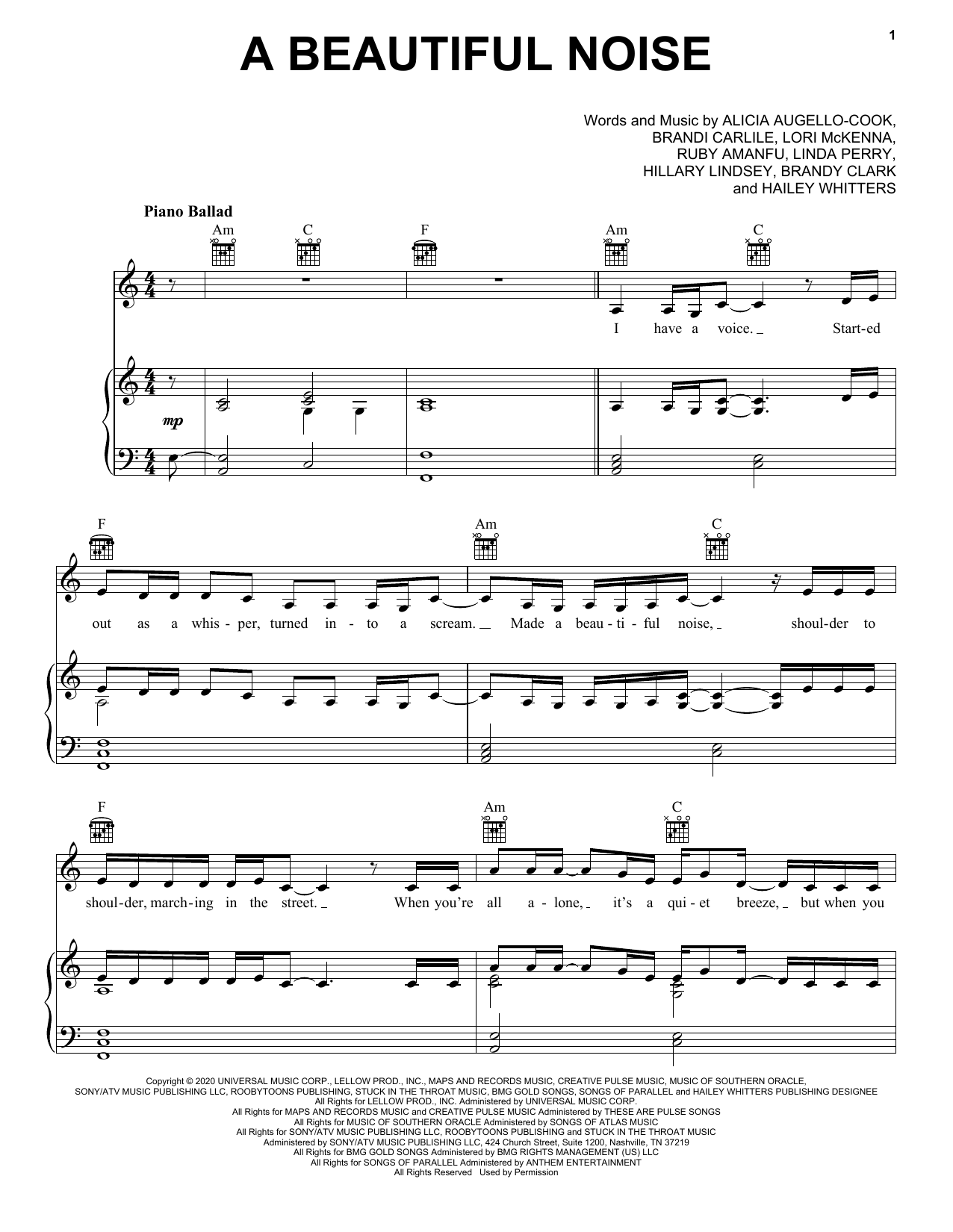 Alicia Keys & Brandi Carlile A Beautiful Noise Sheet Music Notes & Chords for Piano, Vocal & Guitar (Right-Hand Melody) - Download or Print PDF