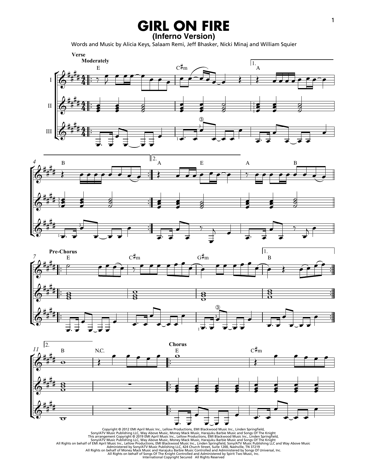 Alicia Keys & Nicki Minaj Girl On Fire (Inferno Version) Sheet Music Notes & Chords for Guitar Ensemble - Download or Print PDF