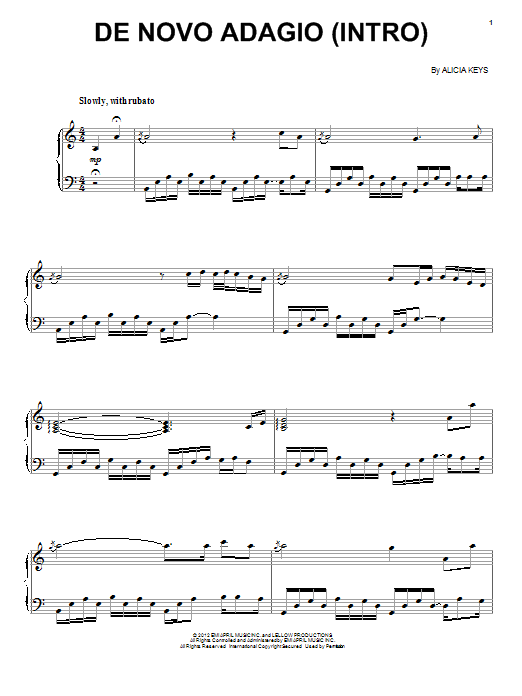 Alicia Keys De Novo Adagio (Intro) Sheet Music Notes & Chords for Piano, Vocal & Guitar (Right-Hand Melody) - Download or Print PDF