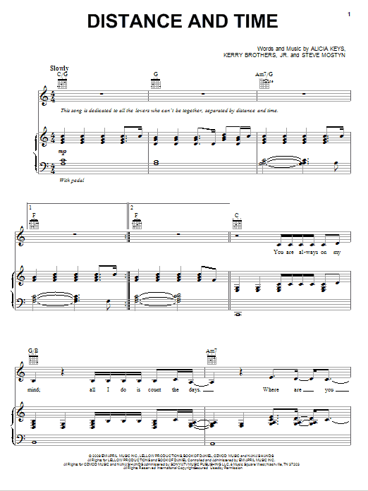 Alicia Keys Distance And Time Sheet Music Notes & Chords for Piano, Vocal & Guitar (Right-Hand Melody) - Download or Print PDF