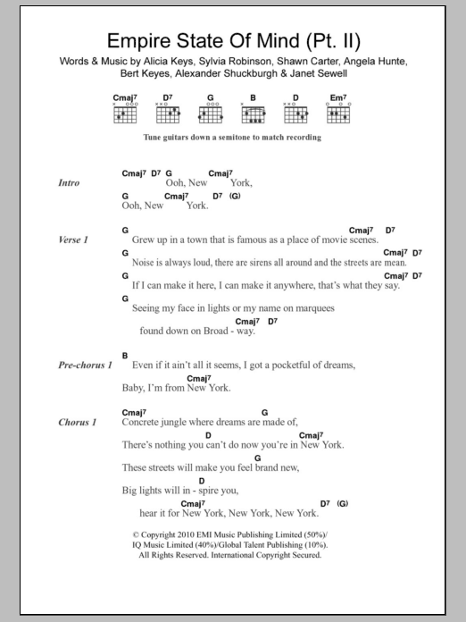 Alicia Keys Empire State Of Mind (Part II) Broken Down Sheet Music Notes & Chords for Lyrics & Chords - Download or Print PDF