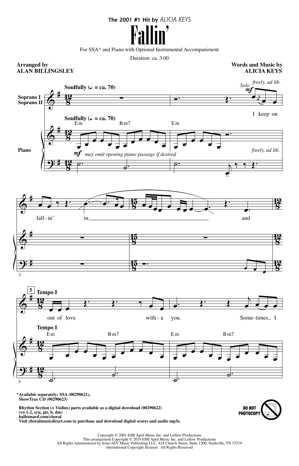 Alicia Keys Fallin' (arr. Alan Billingsley) Sheet Music Notes & Chords for SSA Choir - Download or Print PDF